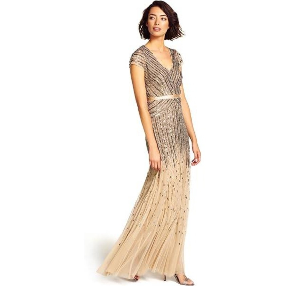 Adrianna Papell Gold Beaded Ombre Evening Gown